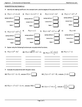 Preview of Introduction to Polynomials Worksheet