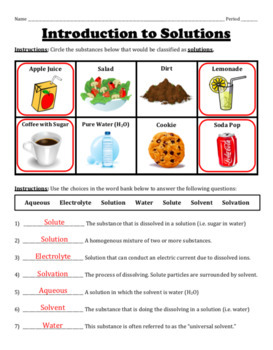 Preview of Introduction to Solutions -- Worksheet Set (Solutes, Solvents, and Saturation)