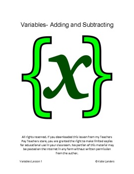 Preview of Introduction to Variables- Adding and Subtracting to Solve One Step Equations