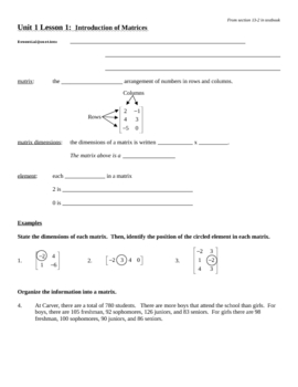 Preview of Introduction to creating and understanding matrices Notes Outline