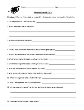 introduction to the civil war worksheet and detailed answer key