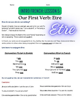 Preview of Introduction to the French Language Lesson 5 |Verb Conjugation, Using Etre|