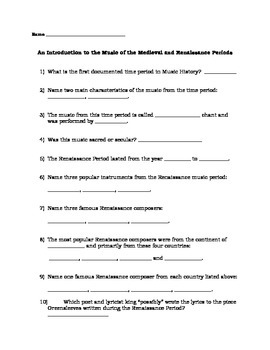 Preview of Introduction to the Music of the Medieval and Renaissance Periods Worksheet