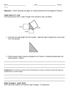 Preview of Introduction to the Pythagorean Theorem Handout