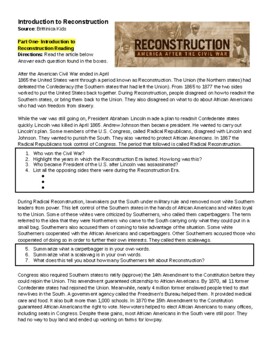 Preview of Introduction to the Reconstruction Era Reading & Questions
