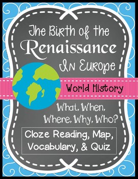 Preview of European Renaissance Introduction- Cloze Reading, Vocabulary, Quiz, Maps