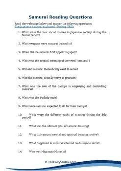 Preview of Introduction to the Samurai Reading Questions Worksheet