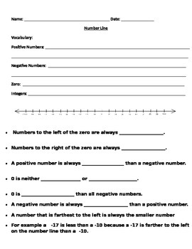 Preview of Introduction to the number line with positive and negative integers notes