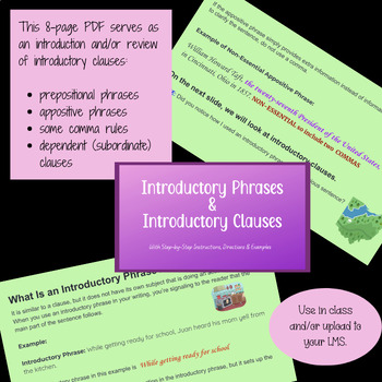 Preview of Introductory Clauses, Including Prep. Phrases, Dependent Clauses, & More