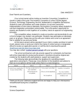 Preview of Invention Convention Parent Letter (editable word document)