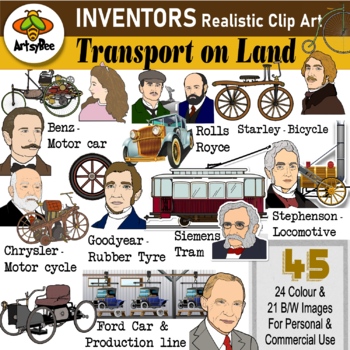 Preview of Inventions of Transport on land Clipart x45: Bicycle Car Motorcycle Train Tram