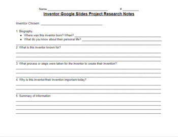 Preview of Inventor Google Slides/PowerPoint Research Project Research Notes Page