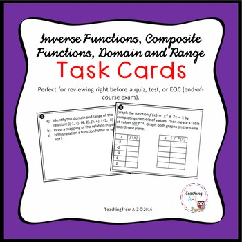 Preview of Inverse Functions, Composite Functions, Domain and Range Task Cards