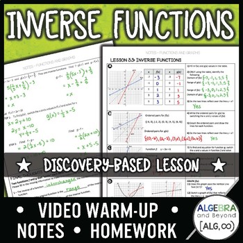 Preview of Inverse Functions Lesson - Algebra 2 Guided Notes, Warm-up, Homework