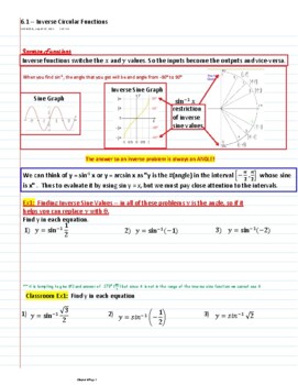 Preview of Ch6 Trigonometry - Inverse Functions and Solving Trig Equations - guided notes