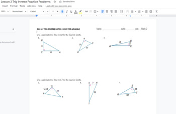 Preview of Inverse Trig Functions Find a missing Angle Practice worksheet (SOHCAHTOA)