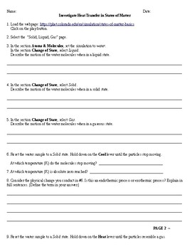 Virtual Lab Webquest Heat Transfer In States Of Matter In Phet Simulation