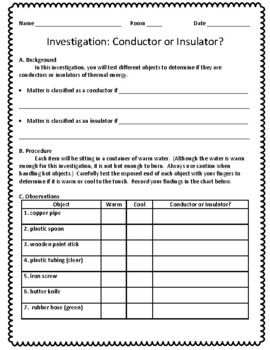 Investigation Conductor or Insulator? by KH Learning Creations | TPT
