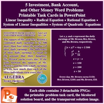 Preview of Investment, Bank Account, and Other Money Word Problem Task Cards in PowerPoint