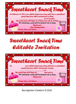 Preview of Invitation to Sweetheart Snack Time-Editable