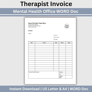 Preview of Invoice Template for Private Practice, WORD Doc Private Counseling Forms