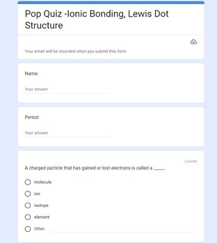 Preview of Ionic Bonding & Lewis Dot Structure Quiz
