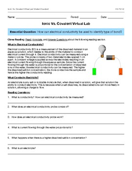 Ionic Vs Covalent Bonding Virtual Lab Webquest Conductivity Ps1 2 Ps 1 3