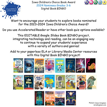 Preview of Iowa Children’s Choice Book Award 2024 Nominees Digital Book BINGO