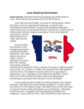 Preview of Iowa State Profile & History Reading Worksheet w/Answer Key **Editable**