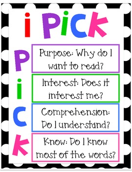 iPick: P - Purpose, why do I want to read? I - Interest, Does it interest me? C - Comprehension, Do I Understand? K - Know, Do I Know Most of the Words?