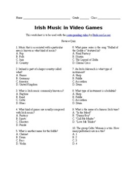 Preview of Irish Music in Video Games Worksheet