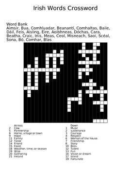 Irish Words Crossword Puzzle Worksheet by Ex Nihilo Arts and Culture