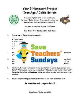 Preview of Iron Age and Celtic Britain homework project & presentation Lesson plan & Letter