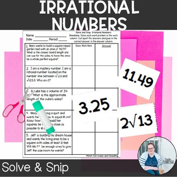 Preview of Irrational Numbers Solve and Snip Word Problems TEKS 8.2a Math Activity