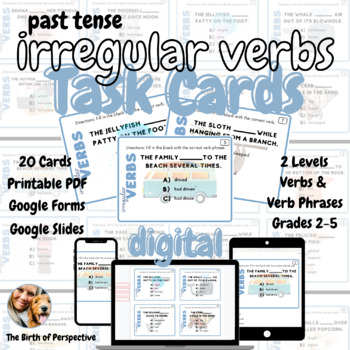 Preview of Irregular Past Tense Verbs & Verb Phrases | Task Cards | Print & Digital 