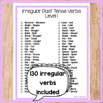 Past Tense Regular & Irregular Verbs List Printable Resource