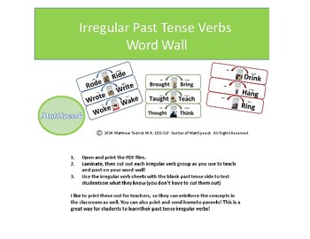 Preview of Irregular Past Tense Verbs - Word Wall! With 63 Verbs!