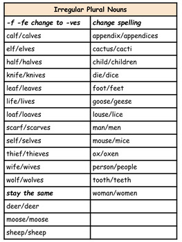 Irregular Plural Nouns 28 Pair Of Singular And Plural Noun Word