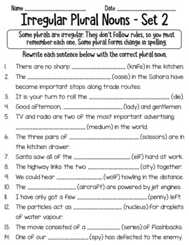 irregular plural nouns worksheet set 2 by learners of the world