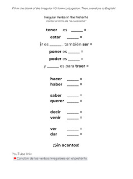 Preview of Irregular Preterite Verbs - Song, Worksheet, Game + Practice