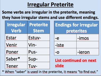 Irregular Preterite Verbs in Spanish Initial Presentation by. 