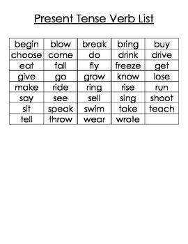 Irregular Past Tense/Present Tense Verb Bingo (30 Players) - Amped Up  Learning