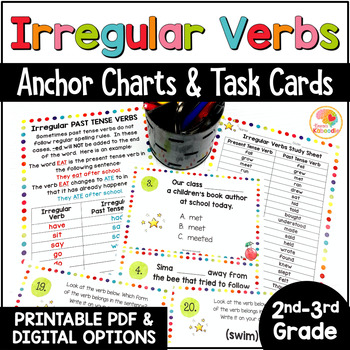 Preview of Irregular Past Tense Verbs List, Task Cards, & Anchor Charts: 2nd and 3rd Grade