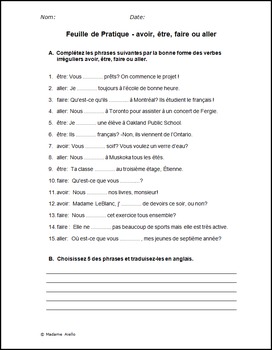 avoir etre aller worksheet present tense faire verbs irregular french grade subject