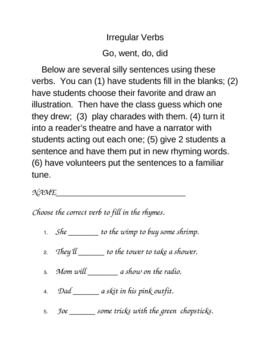 Verbs Go And Went Worksheets Teaching Resources Tpt