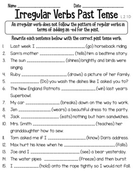 Preview of Irregular Verbs Past Tense Worksheet L.2.1.D Distance Learning