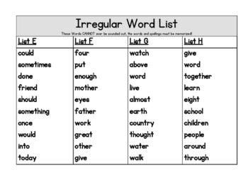 Irregular Word Lists by Mrs Birch Tree | Teachers Pay Teachers