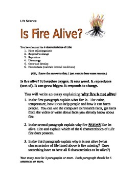 Preview of Alive or not Alive? Fire Essay - Life Science