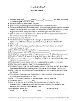Preview of Is Survival Selfish by Lane Wallace Complete Guided Reading Worksheet