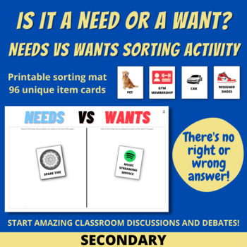 Preview of Is it a Need or a Want? Sorting Activity and Conversations | 9-12 Grade